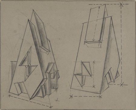 Fortunato Depero (1892-1960) Padiglione a cuspidi matita su carta cm...