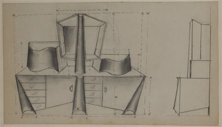 Fortunato Depero (1892-1960) Cassettiera con specchi matita su carta cm...