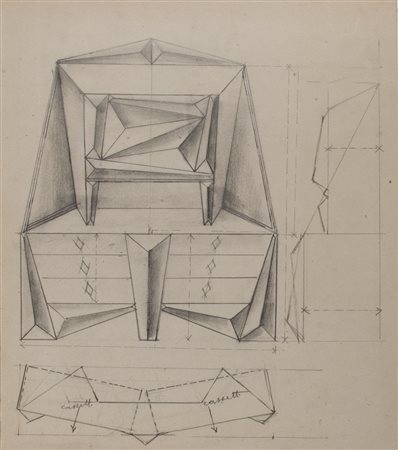 Fortunato Depero (1892-1960) Credenza con specchiera matita su carta cm...