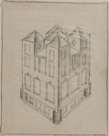 Fortunato Depero (1892-1960) Edificio a 5 torri matita su carta cm 19,3x15,2...