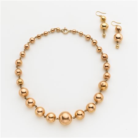 Demi-parure in oro rosso a guisa di boules con collana scalata da mm 7 a mm...