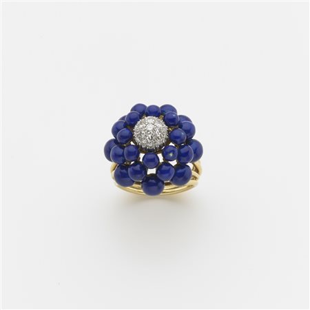 Anello in oro giallo con boules smaltate in blu e una mezza a pavË di...