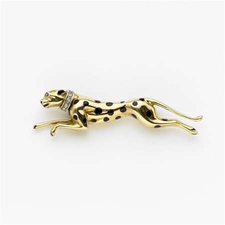 Broche a forma di leopardo in oro giallo con smalto nero, uno zaffiro a...