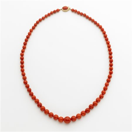 Collana in corallo Mediterraneo rosso arancio di boules sfaccettate scalate...