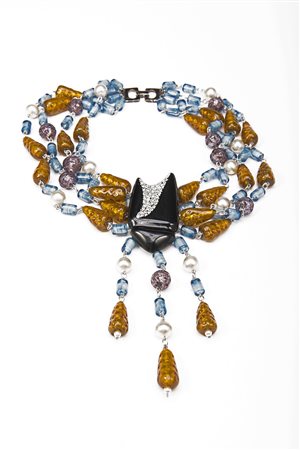 BELLINI Collana con perle fancy bianche, vetri di Murano gialli, azzurri e...