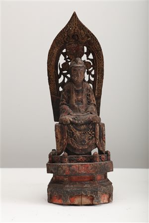 Arte Cinese Statua in legno policromo raffigurante Buddha Amitabha Cina,...