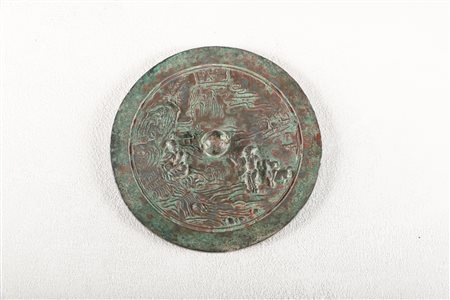 Arte Cinese Specchio in bronzo decorato con coppia di personaggi ed un...
