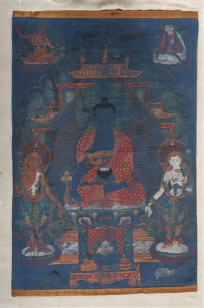 Arte Himalayana Thangka raffigurante il Bhaisajyaguru (Buddha della Medicina)...