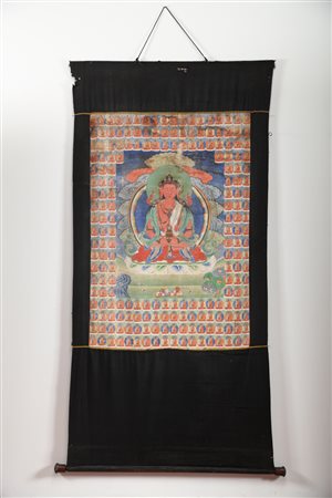Arte Himalayana Thangka raffigurante Amitayus e duecento Amitabha Tibet, fine...