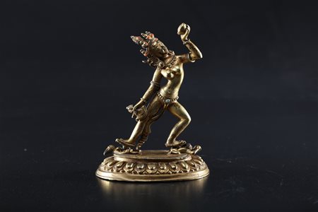Arte Himalayana Statua in bronzo dorato raffigurante Vajrayogini Tibet, fine...