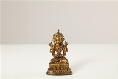 Arte Himalayana Statua in bronzo dorato raffigurante Amitayus Cino-Tibet,...