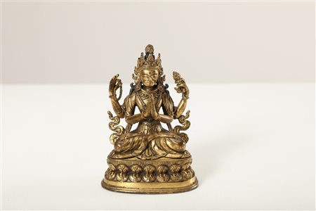 Arte Himalayana Statua in bronzo dorato raffigurante Avalokitesvara...
