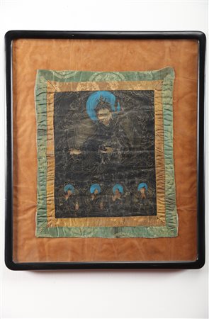 Arte Himalayana Thangka a fondo nero (Nag-thang) raffigurante Padmasambhava...