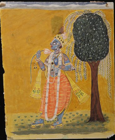 Arte Indiana Miniatura raffigurante Krishna India settentrionale, Pahari, XIX...