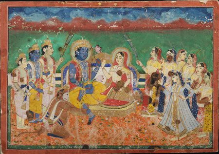 Arte Indiana Dipinto raffigurante un episodio del Ramayana India, Rajasthan,...