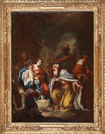 ARTISTA VENETO DEL XVIII SECOLO Adorazione dei magi. . Olio su tela. Cm 40,00...