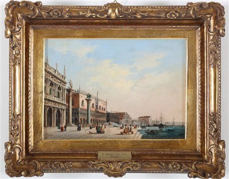 GRUBACS CARLO (1802 - 1878) Venezia, riva degli Schiavoni. Olio su tela . Cm...