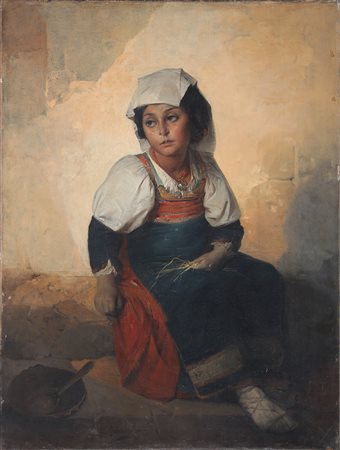 INDUNO GEROLAMO (1827 - 1890) Ritratto di ciociara. Olio su tela . Cm 75,00 x...