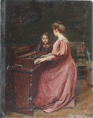 POSTIGLIONE LUCA (1876 - 1936) La lezione di musica. Olio su tavola. Cm 33,00...