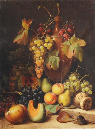 FALCHETTI GIUSEPPE (1843 - 1918) Natura morta di fiori e frutta. 1882. Olio...