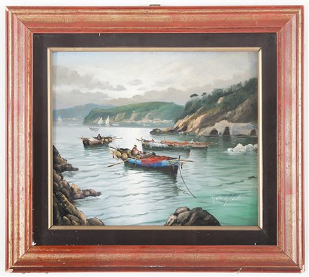 GALANTI MARIO (1923 - 1988) Pescatori. Olio su cartone. Cm 35,00 x 30,00....