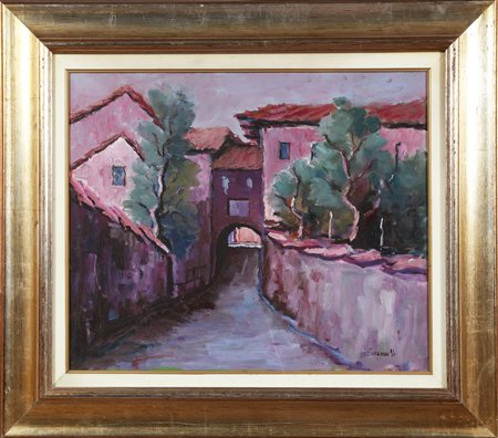 SCORZELLI EUGENIO (1885 - 1951) Paese. Olio su tela . Cm 60,00 x 50,00. Firma...