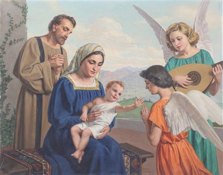 GALANTI PIERO (1885 - 1973) Sacra famiglia con angeli. Olio su tela. Cm...