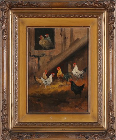 ALEXANDER EDVIN (XIX-XX SECOLO) Galline nell'aia. 1910. Olio su tavola. Cm...