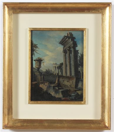 PITTORE DEL XIX SECOLO Rovine romane. Olio su cartone. Cm 18,00 x 24,50. ....