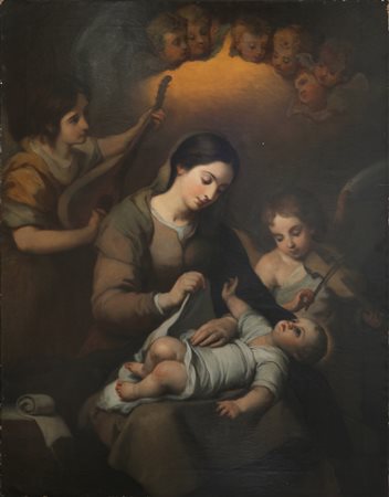 MURILLO BARTOLOME' (1618 - 1682) Derivazione da. Madonna con bambino e santi....