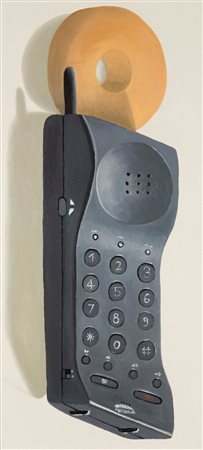 Nathalie Du Pasquier (1057), Biscotto e telefono, 1999, olio su tela, cm 45x100