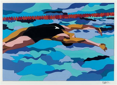 Ugo Nespolo (1941), Il Nuoto, 1984, acrilico su scholler, cm. 70x100 firmato...