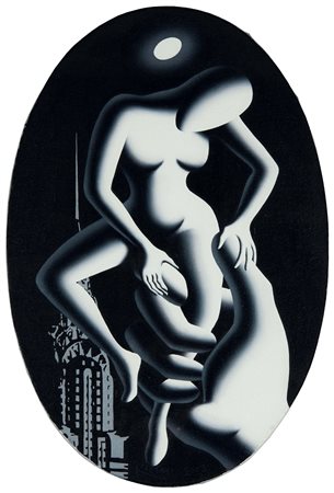 Mark Kostabi (1960), Trofeo sotto la luna, 2003, olio su tela, cm 45,7x30,5...