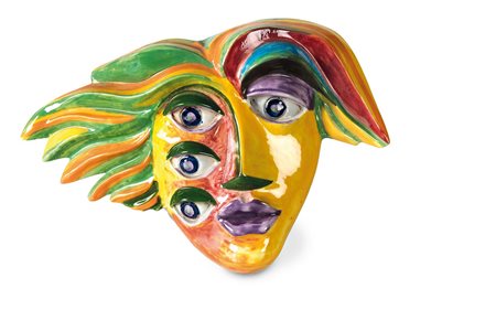 Enrico Baj (1924-2003), Maschera, 1991, bassorilievo in maiolica policroma,...