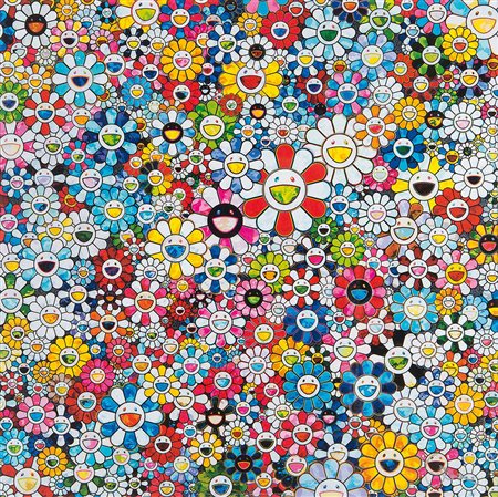 Takashi Murakami (1962), Flowers with smiley faces 2013, grafica, cm 50x50...