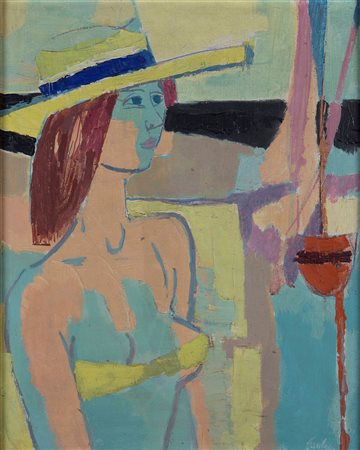 Enrico Paolucci (1901-1999), Donna con paglia, Olio su tela, cm 55x45 Firmato...