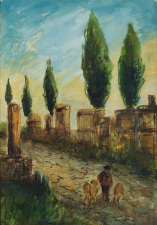 Michele Cascella (Ortona 1892-Milano 1989), Paesaggio con cipressi, tecnica...