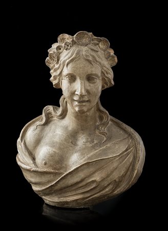 SCULTORE FRANCESE XVIII SECOLO, Volto di donna, Scultura in terracotta chiara...