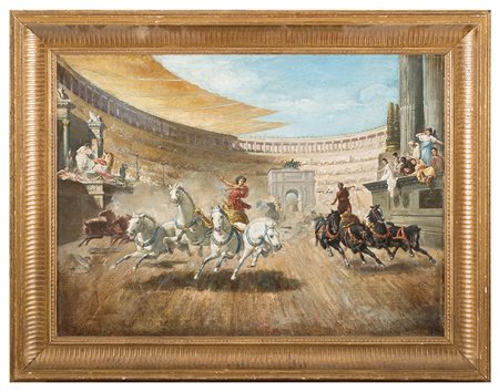 PITTORE INGLESE XIX SECOLO, Corsa con bighe al Colosseo, Olio su tela cm 46 x...