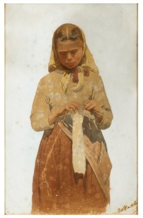 CESARE BARTOLENA, Livorno 1830 - 1903, Donna che fa la maglia, Tempera su...