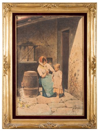 NICCOLO' CANNICCI , Firenze 1846 - 1906, La pappa, Acquerello su cartoncino...