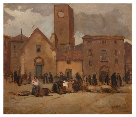 LUIGI SURDI , Napoli 1897 - Roma 1959, Piazza romana 1926, Olio su tavola cm...