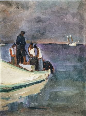 TATO Bologna 1896 - Roma 1974 Marina con pescatori Olio su tavoletta, 24 x 18...