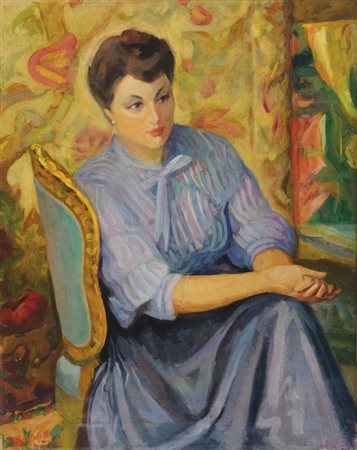 NINO BERTOLETTI Roma 1889 - 1971 Donna in poltrona, Anni ‘50 Olio su tela, 81...