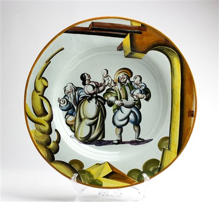 LA FENICE - ALBISOLA Piatto decorato con scena di genere Ceramica dipinta, d...