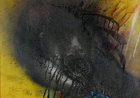 Otto Piene Dark Romance - 1976/1977 gouache a fuoco e fumo su tre cartoni...