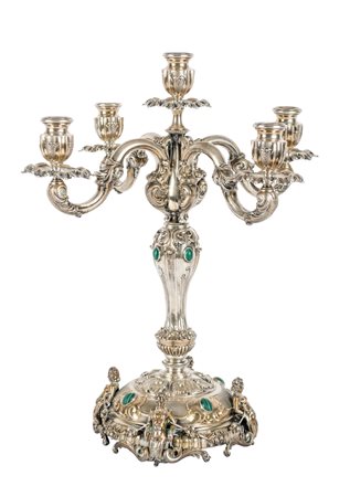 BEL CANDELABRO a cinque luci in argento riccamente sbalzato a mano con...