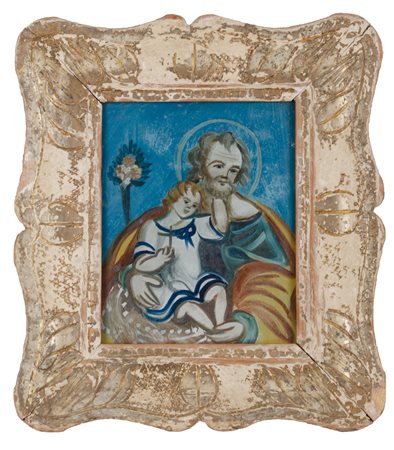 PITTURA su vetro "San Giuseppe con Bambino" entro cornice a guantiera (cm 14...