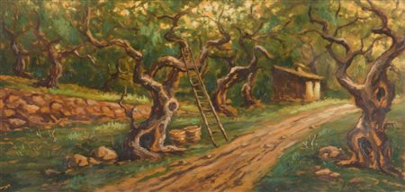 GIROLAMO DI CARA (Palermo) OLIO su tavoletta "strada di campagna con alberi",...