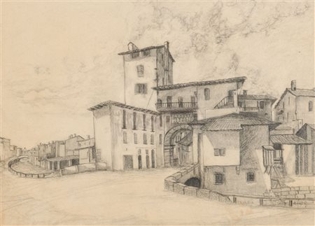 HORCIO DISEGNO a matita su carta "caseggiato con fiume", firmato in basso a...